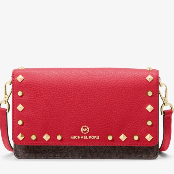 New Michael Kors Jet Set Charm Small Studded Smartphone Crossbody Crimson - Picture 1 of 4